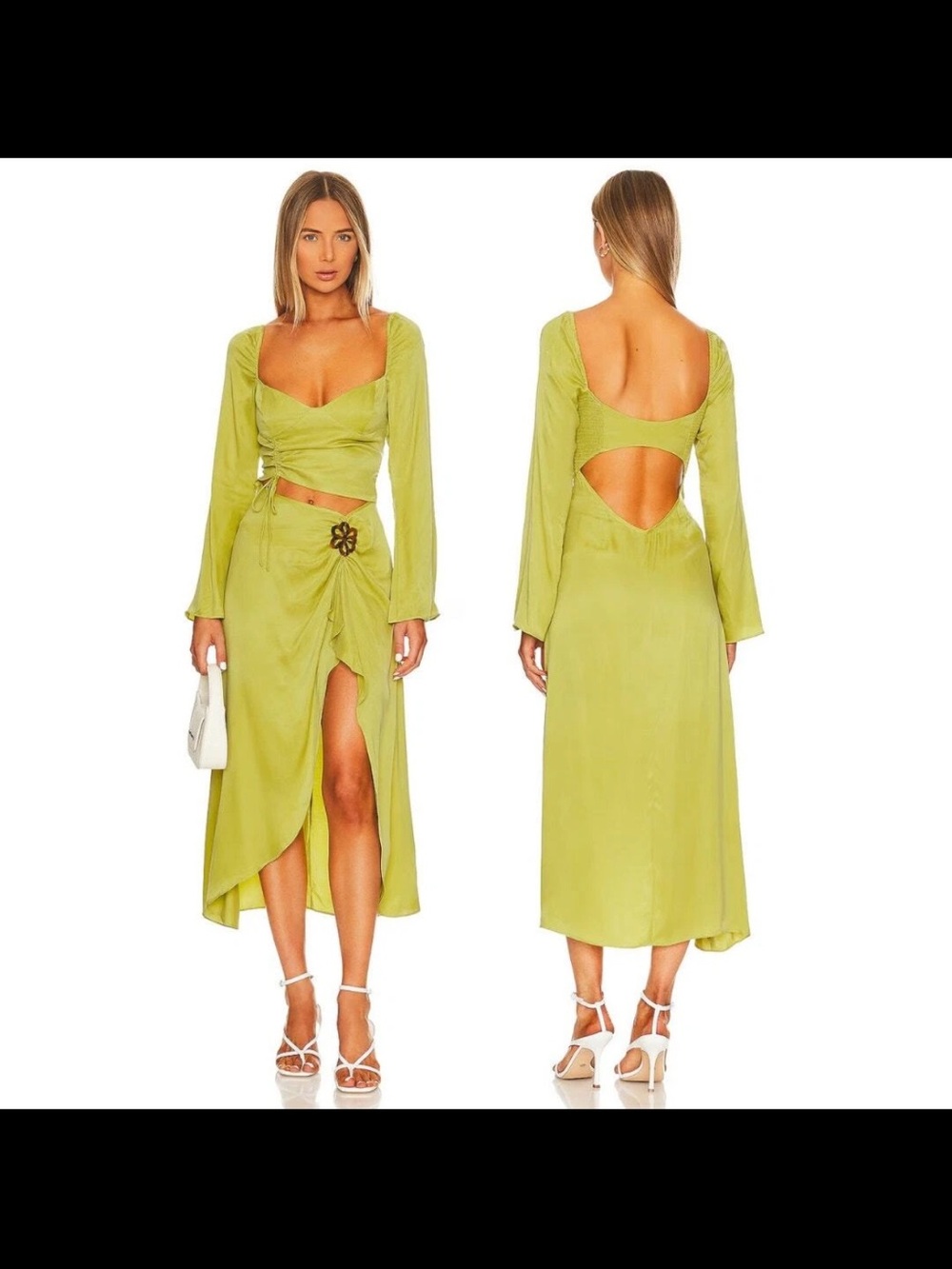 For Love & Lemons Allie Long Sleeve Cut Out Midi Dress Ruched Slit Green